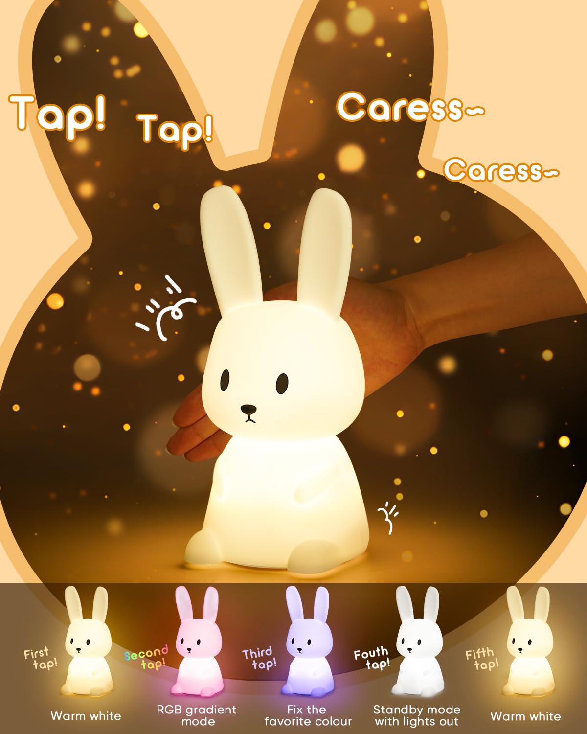 Baby Night Light with 265 Colors Change & 3H Timer - Bunny Touch Lamp for Girls, Rechargeable Cute Nursery Light for Toddlers, Children and Newborns