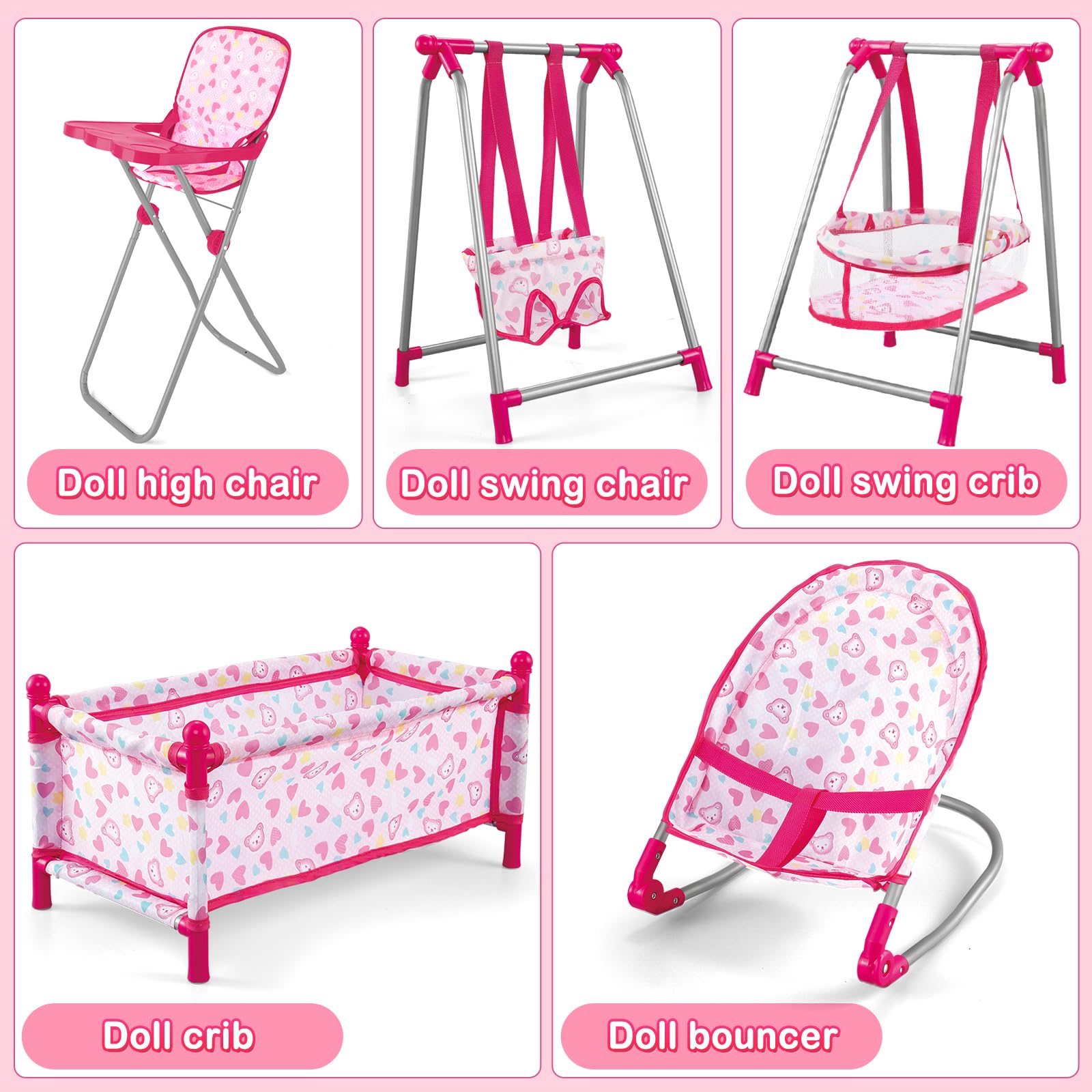 Kids Deluxe 5-in-1 Baby Doll Pretend Play Set with Doll Accessories, Cot Bed, Bouncer, Adjustable Swing Seat, High Chair, Pretend Parenting Role Play Toy for Girls(Doll Not Included)