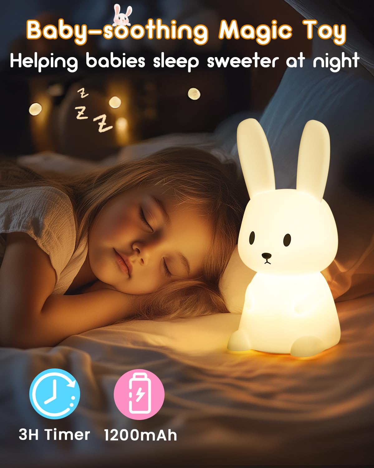 Baby Night Light with 265 Colors Change & 3H Timer - Bunny Touch Lamp for Girls, Rechargeable Cute Nursery Light for Toddlers, Children and Newborns