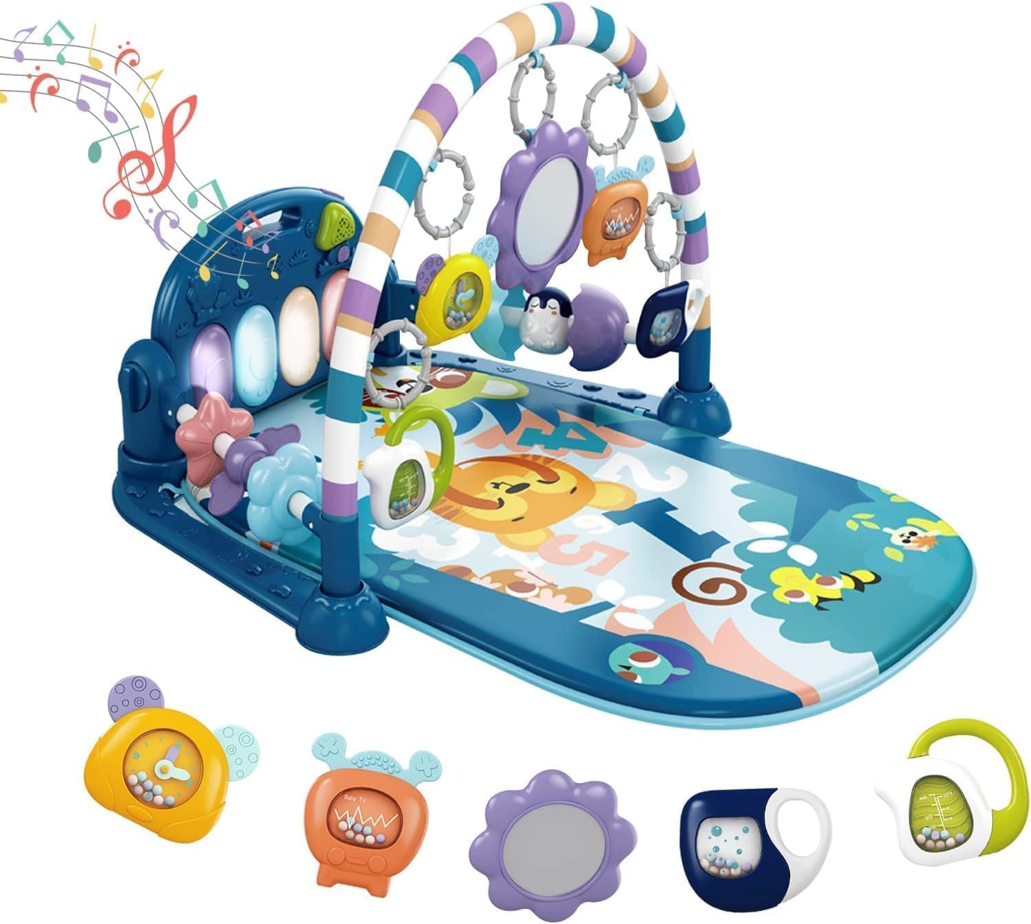Baby Play Mat Baby Gym,Funny Play Piano Tummy Time Baby Activity Mat with 5 Infant Sensory Baby Toys, Music and Lights Boy & Girl Gifts for Newborn Baby 0 to 3 6 9 12 Months (Blue Tiger)
