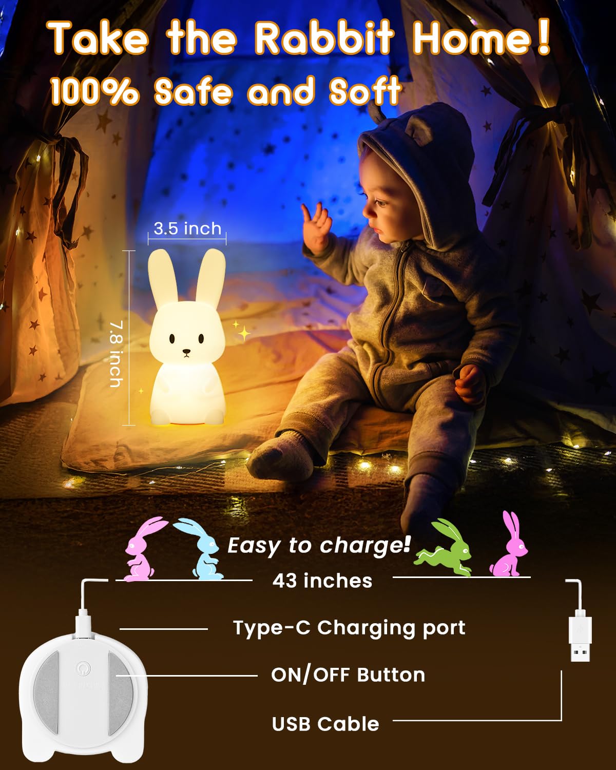 Baby Night Light with 265 Colors Change & 3H Timer - Bunny Touch Lamp for Girls, Rechargeable Cute Nursery Light for Toddlers, Children and Newborns