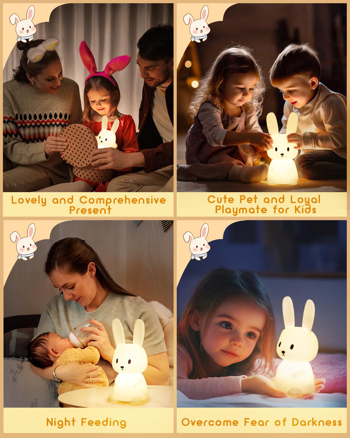 Baby Night Light with 265 Colors Change & 3H Timer - Bunny Touch Lamp for Girls, Rechargeable Cute Nursery Light for Toddlers, Children and Newborns