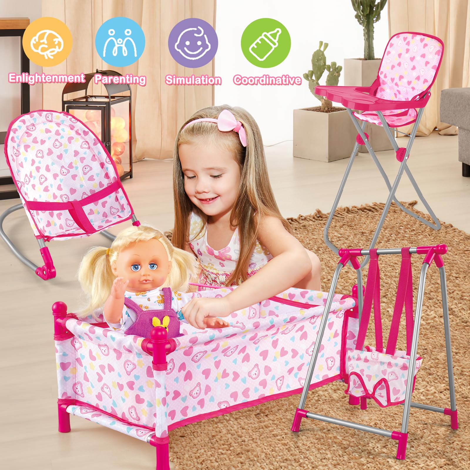 Kids Deluxe 5-in-1 Baby Doll Pretend Play Set with Doll Accessories, Cot Bed, Bouncer, Adjustable Swing Seat, High Chair, Pretend Parenting Role Play Toy for Girls(Doll Not Included)