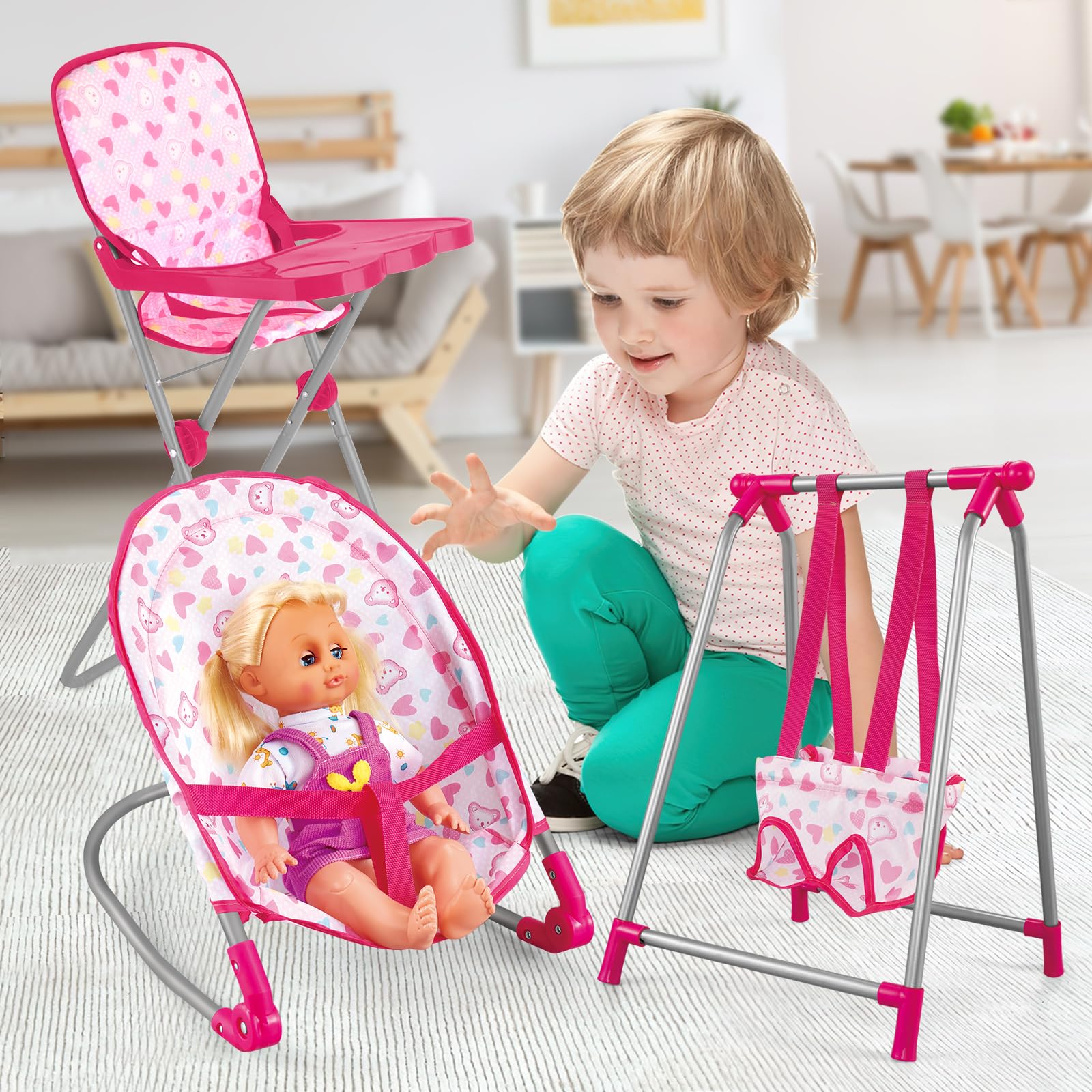 Kids Deluxe 5-in-1 Baby Doll Pretend Play Set with Doll Accessories, Cot Bed, Bouncer, Adjustable Swing Seat, High Chair, Pretend Parenting Role Play Toy for Girls(Doll Not Included)