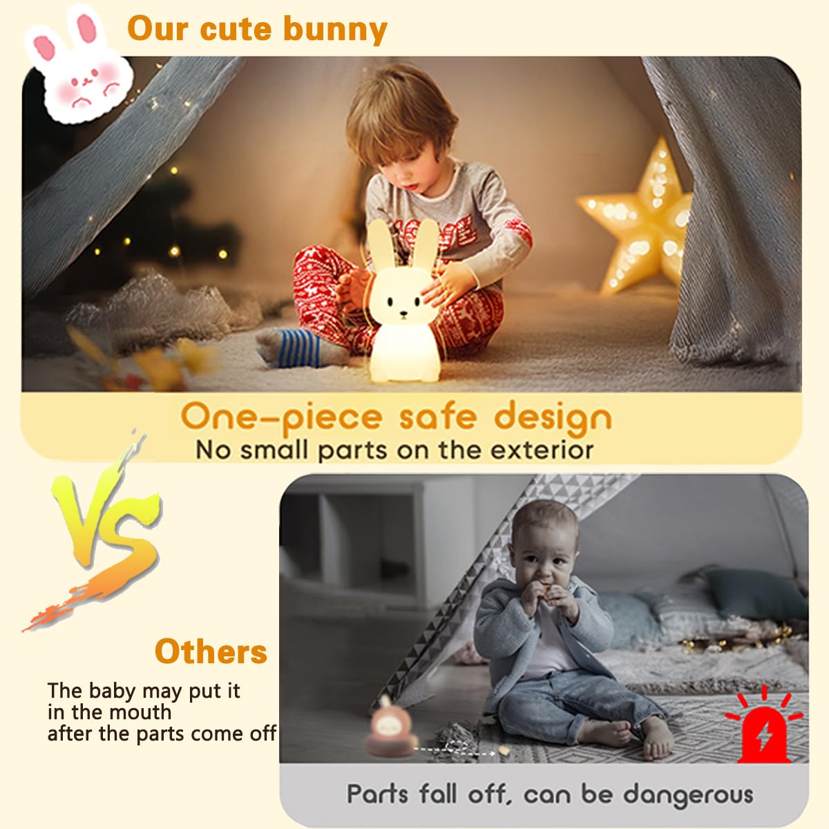 Baby Night Light with 265 Colors Change & 3H Timer - Bunny Touch Lamp for Girls, Rechargeable Cute Nursery Light for Toddlers, Children and Newborns