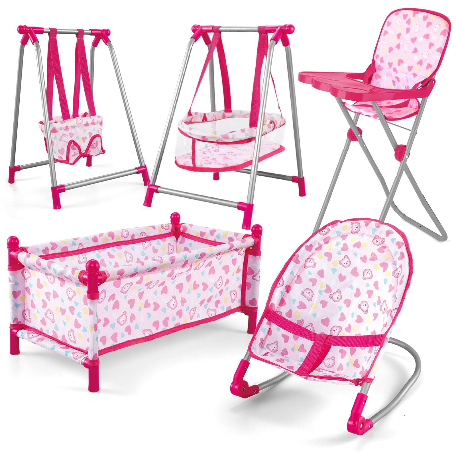 Kids Deluxe 5-in-1 Baby Doll Pretend Play Set with Doll Accessories, Cot Bed, Bouncer, Adjustable Swing Seat, High Chair, Pretend Parenting Role Play Toy for Girls(Doll Not Included)