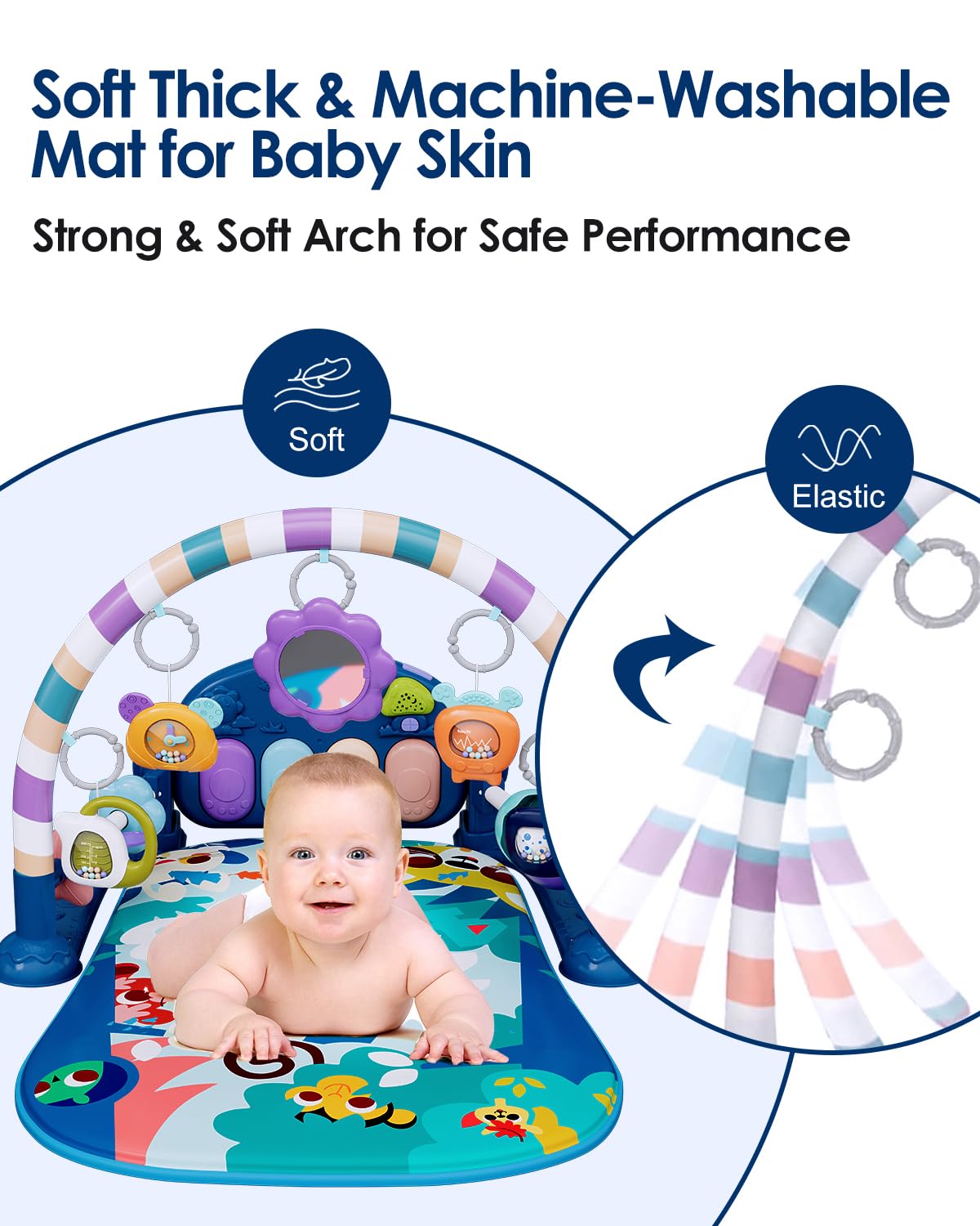 Baby Play Mat Baby Gym,Funny Play Piano Tummy Time Baby Activity Mat with 5 Infant Sensory Baby Toys, Music and Lights Boy & Girl Gifts for Newborn Baby 0 to 3 6 9 12 Months (Blue Tiger)