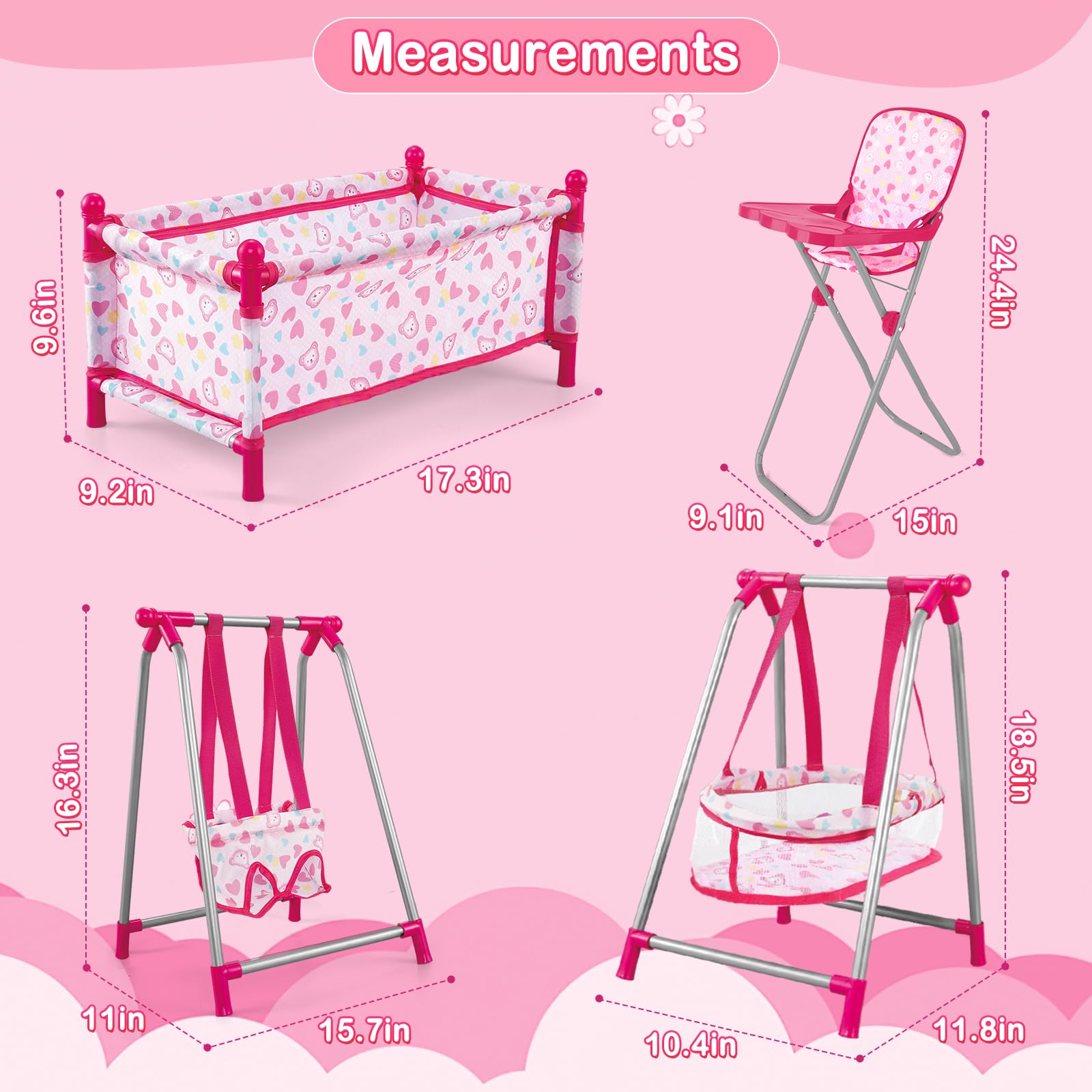 Kids Deluxe 5-in-1 Baby Doll Pretend Play Set with Doll Accessories, Cot Bed, Bouncer, Adjustable Swing Seat, High Chair, Pretend Parenting Role Play Toy for Girls(Doll Not Included)