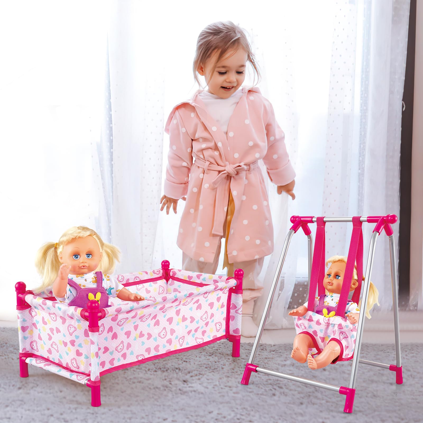 Kids Deluxe 5-in-1 Baby Doll Pretend Play Set with Doll Accessories, Cot Bed, Bouncer, Adjustable Swing Seat, High Chair, Pretend Parenting Role Play Toy for Girls(Doll Not Included)