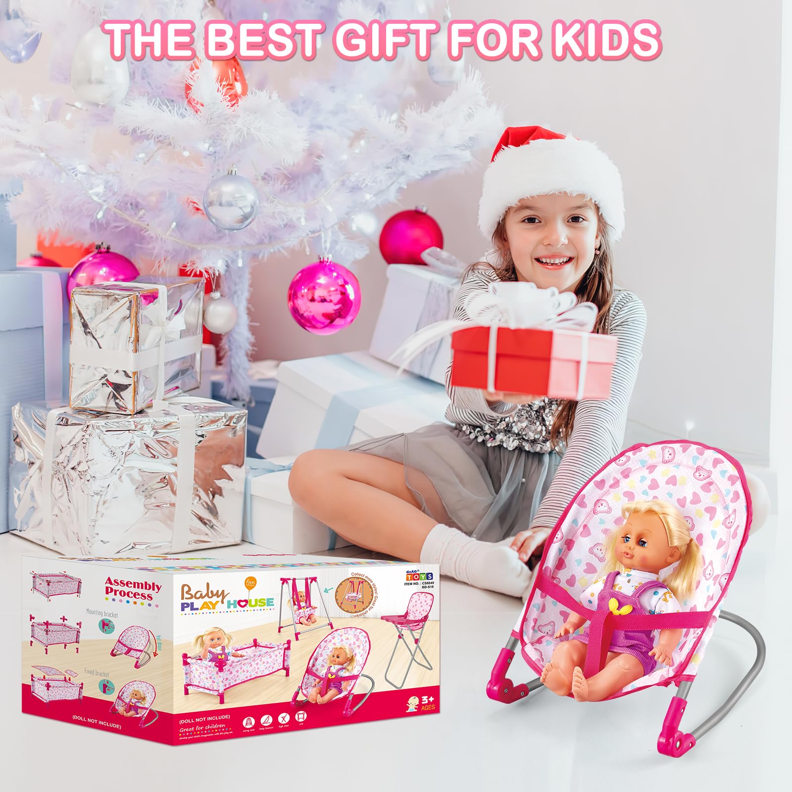 Kids Deluxe 5-in-1 Baby Doll Pretend Play Set with Doll Accessories, Cot Bed, Bouncer, Adjustable Swing Seat, High Chair, Pretend Parenting Role Play Toy for Girls(Doll Not Included)